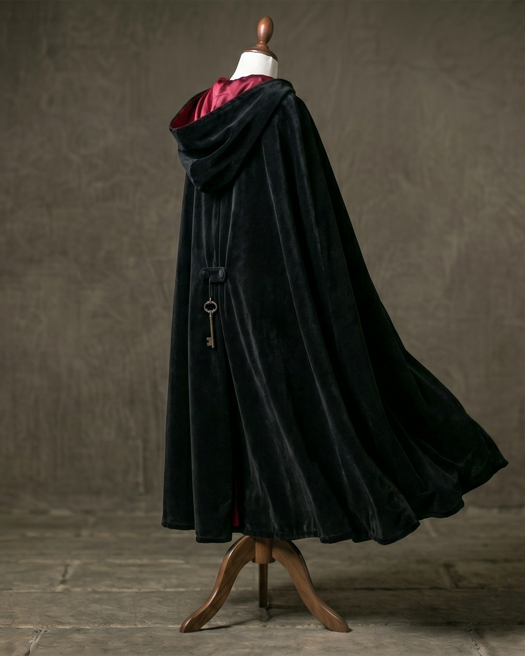 Black Velvet Cape with Red Lining - Gothic Hooded Cloak