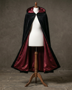 Black Velvet Cape with Red Lining - Gothic Hooded Cloak